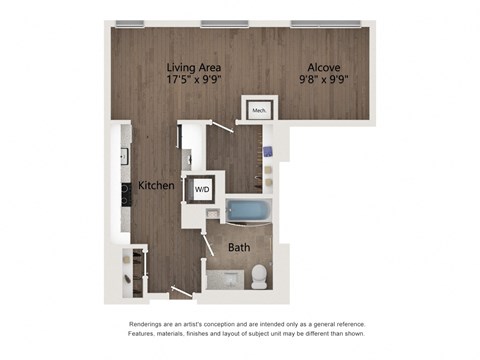 Floor plan for studio, 1 bath, 580 sqft